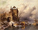 Famous Castle Paintings - Skaters on a Frozen Lake by the Ruins of a Castle